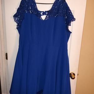Christian Soriano Royal Blue Dress with floral lace crochet top and bottom